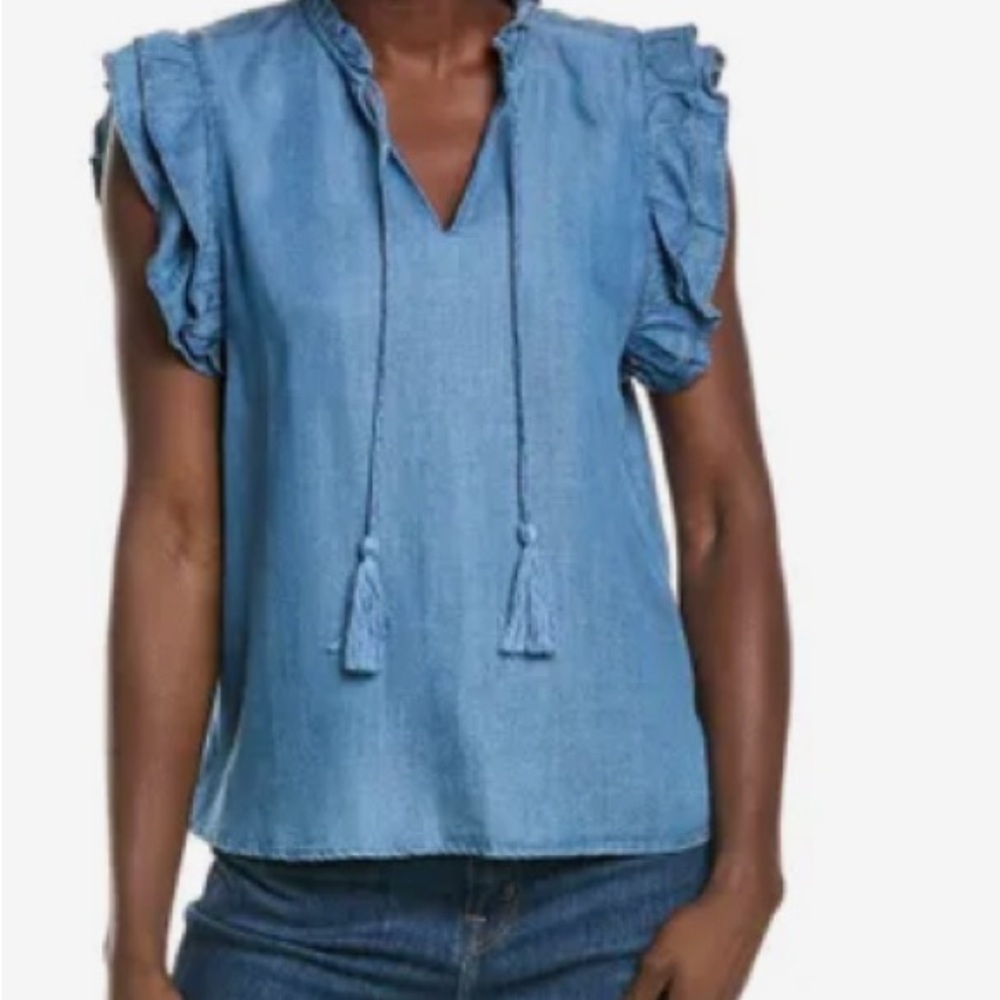 NWT Nanette Lepore Denim Flutter Sleeve Tie Neck Top, Size S